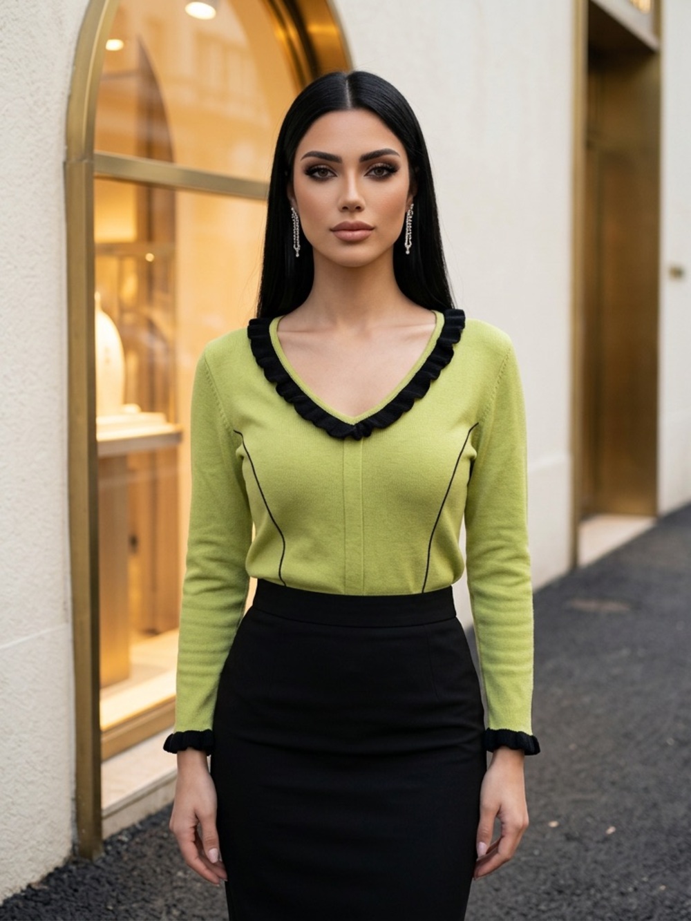 Vintage Valenti Lime Green Ruffle Knit V-Neck Top Medium